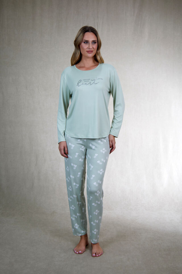 Estiva Kadın Yaprak Alt Desenli Soft Uzun Kollu Pijama Takımı L - Yeşil
