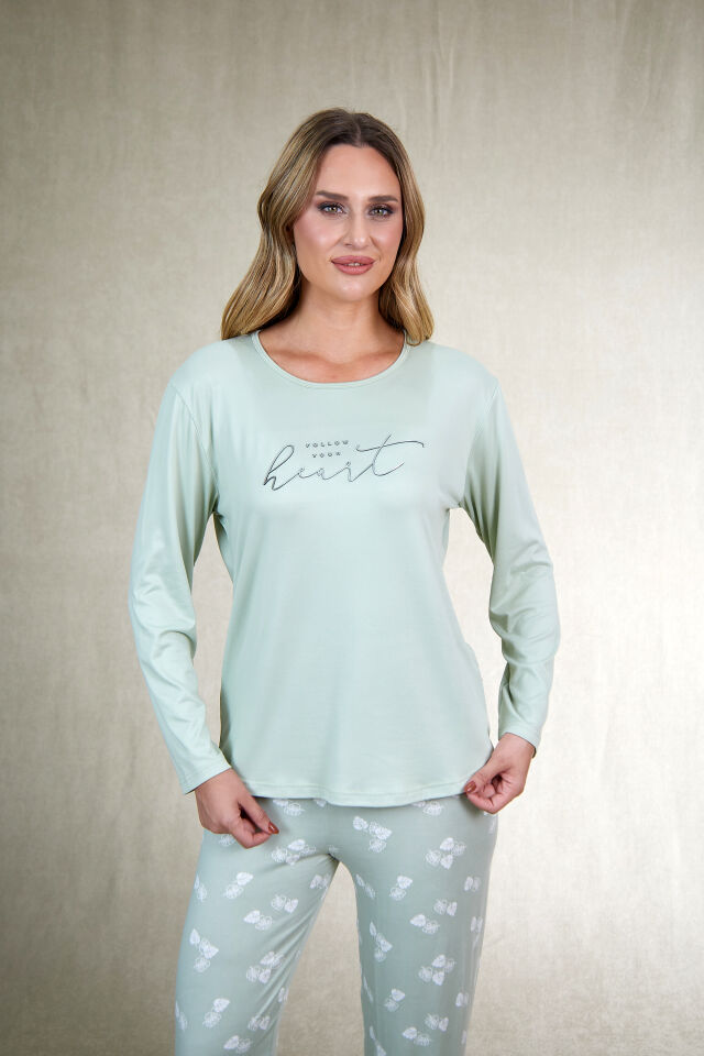 Estiva Kadın Yaprak Alt Desenli Soft Uzun Kollu Pijama Takımı L - Yeşil
