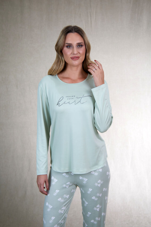 Estiva Kadın Yaprak Alt Desenli Soft Uzun Kollu Pijama Takımı L - Yeşil