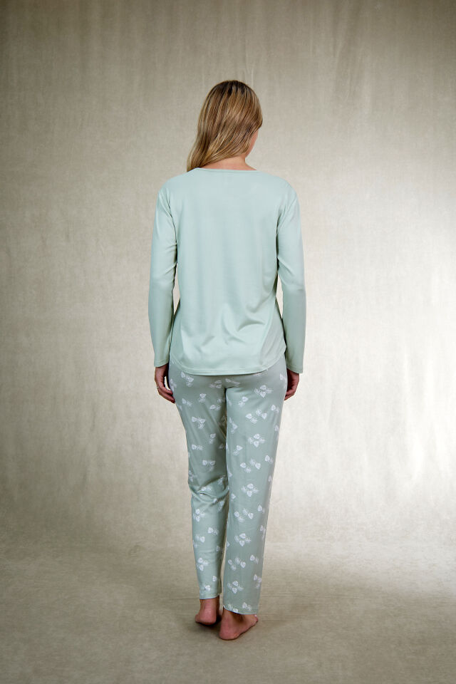 Estiva Kadın Yaprak Alt Desenli Soft Uzun Kollu Pijama Takımı L - Yeşil