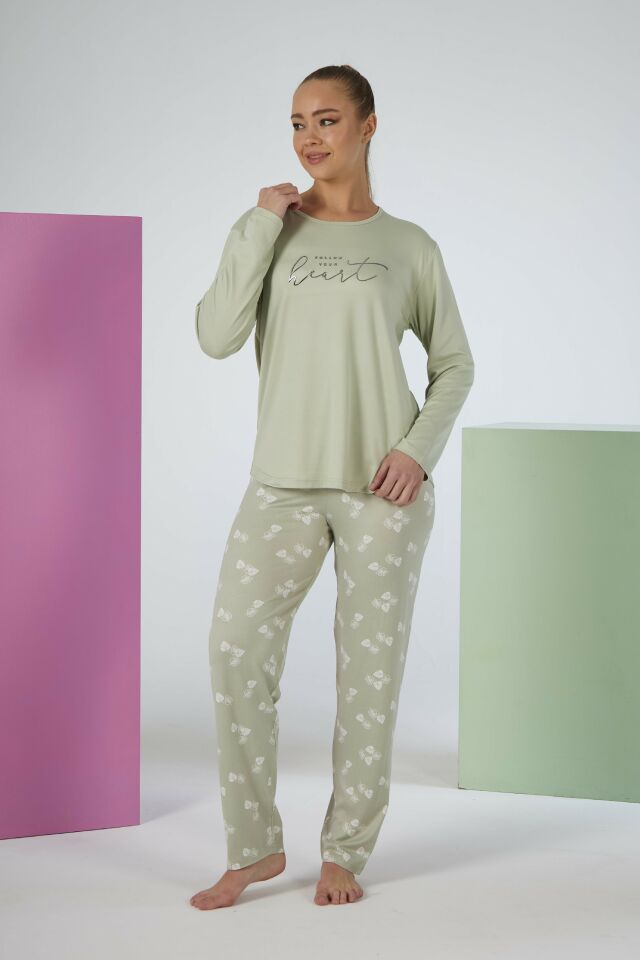 Estiva Kadın Yaprak Alt Desenli Soft Uzun Kollu Pijama Takımı XL - Yeşil