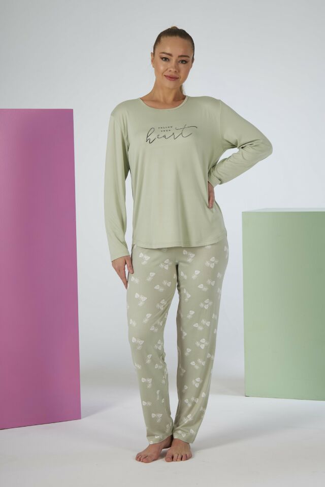 Estiva Kadın Yaprak Alt Desenli Soft Uzun Kollu Pijama Takımı XL - Yeşil