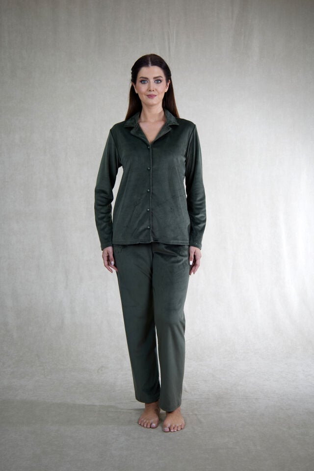 Estiva Kadın Önden Düğmeli Kadife Pijama Takımı 2XL - Haki