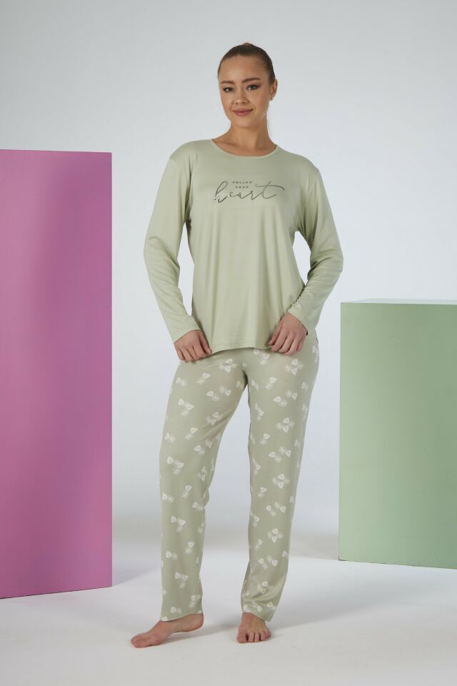 Estiva Kadın Yaprak Alt Desenli Soft Uzun Kollu Pijama Takımı 2XL - Yeşil