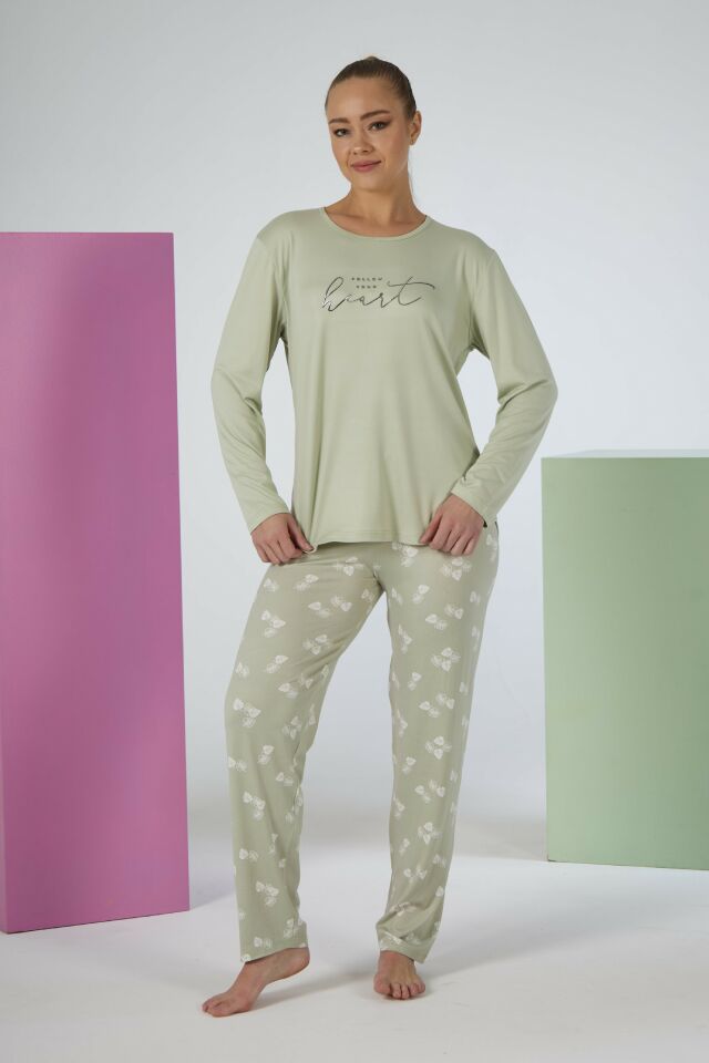 Estiva Kadın Yaprak Alt Desenli Soft Uzun Kollu Pijama Takımı 2XL - Yeşil