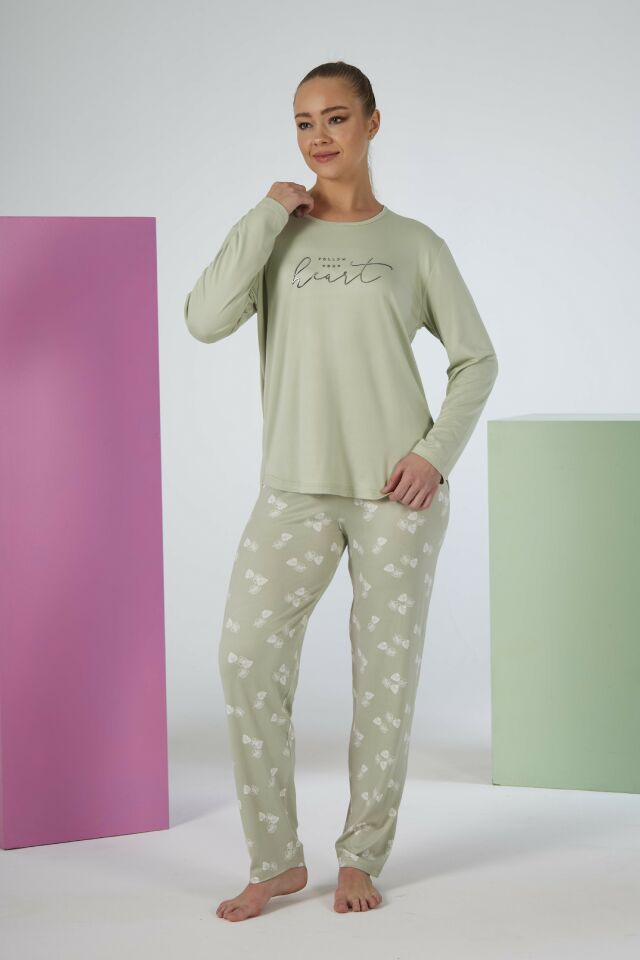 Estiva Kadın Yaprak Alt Desenli Soft Uzun Kollu Pijama Takımı 2XL - Yeşil
