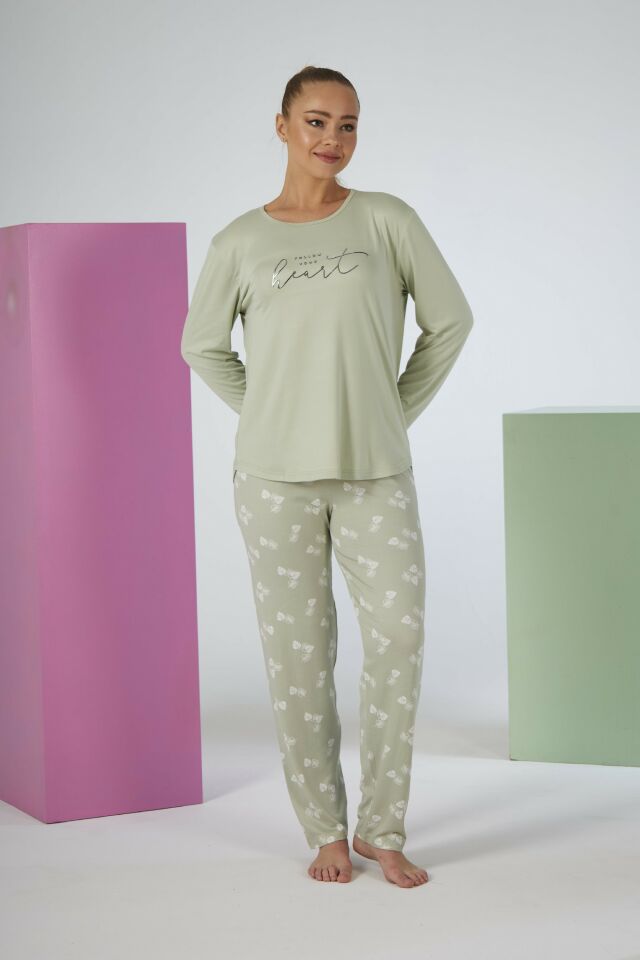 Estiva Kadın Yaprak Alt Desenli Soft Uzun Kollu Pijama Takımı 2XL - Yeşil