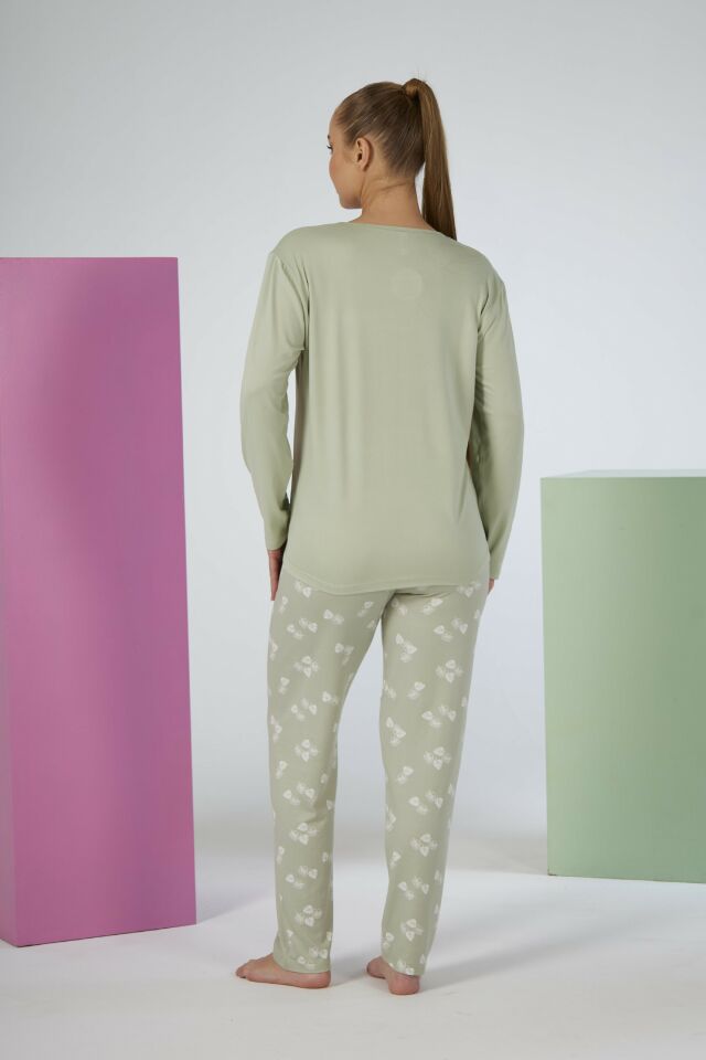 Estiva Kadın Yaprak Alt Desenli Soft Uzun Kollu Pijama Takımı 2XL - Yeşil