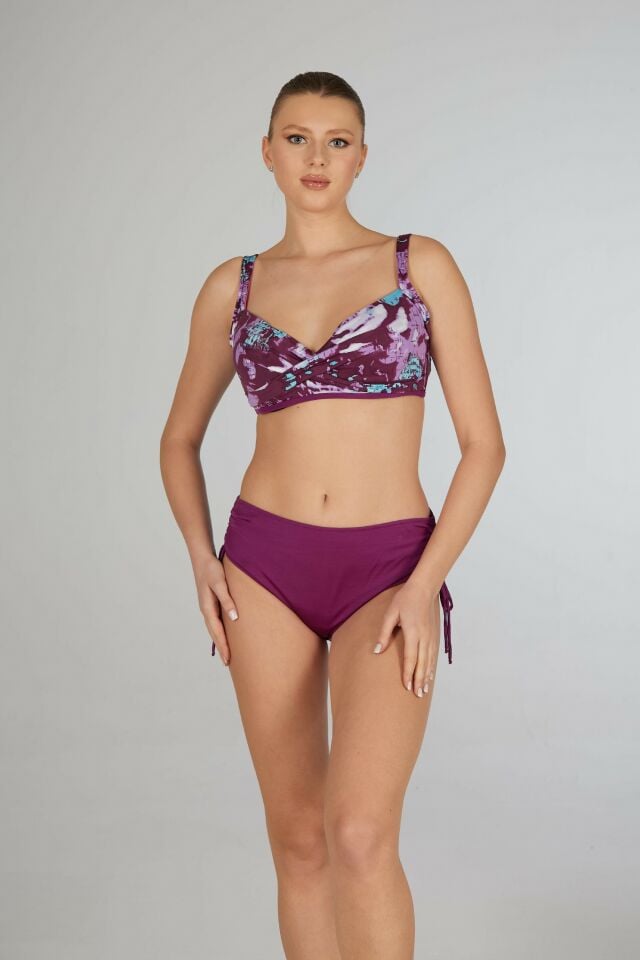 Estiva Kadın Dijital Desenli Mürdüm Emprime Kaplı Battal Beden Bikini Takımı