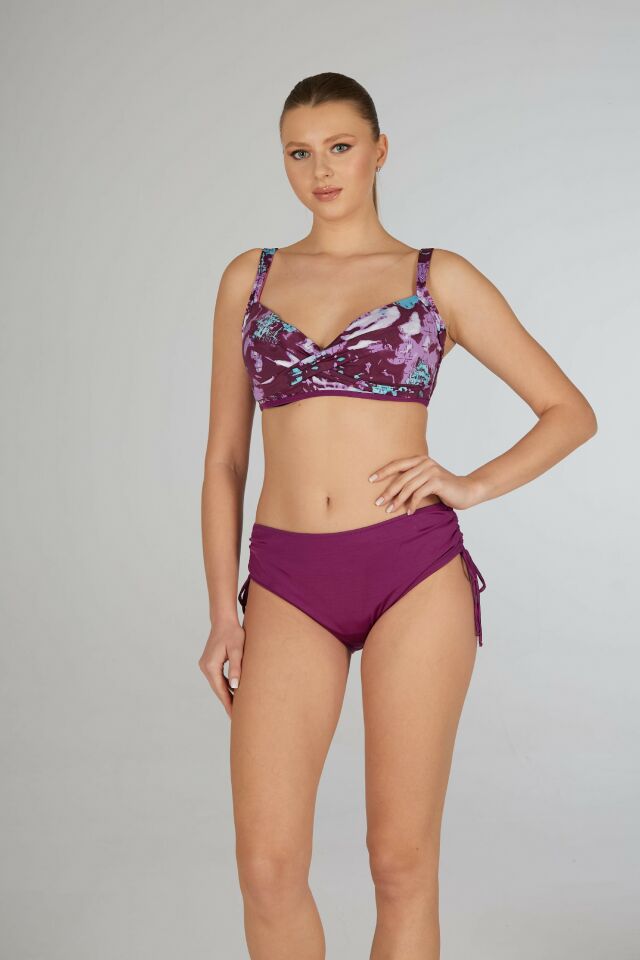 Estiva Kadın Dijital Desenli Mürdüm Emprime Kaplı Battal Beden Bikini Takımı