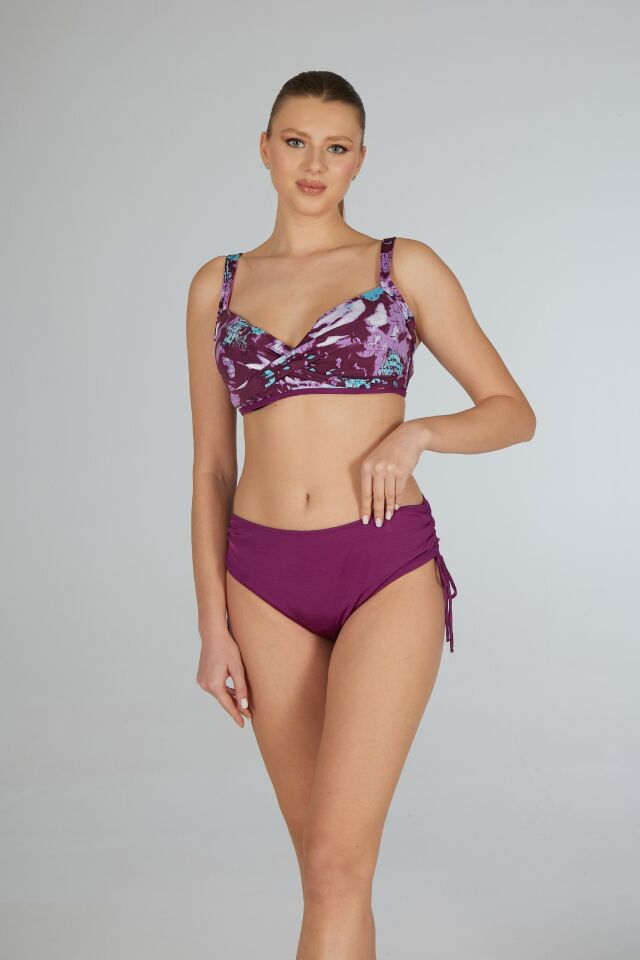 Estiva Kadın Dijital Desenli Mürdüm Emprime Kaplı Battal Beden Bikini Takımı