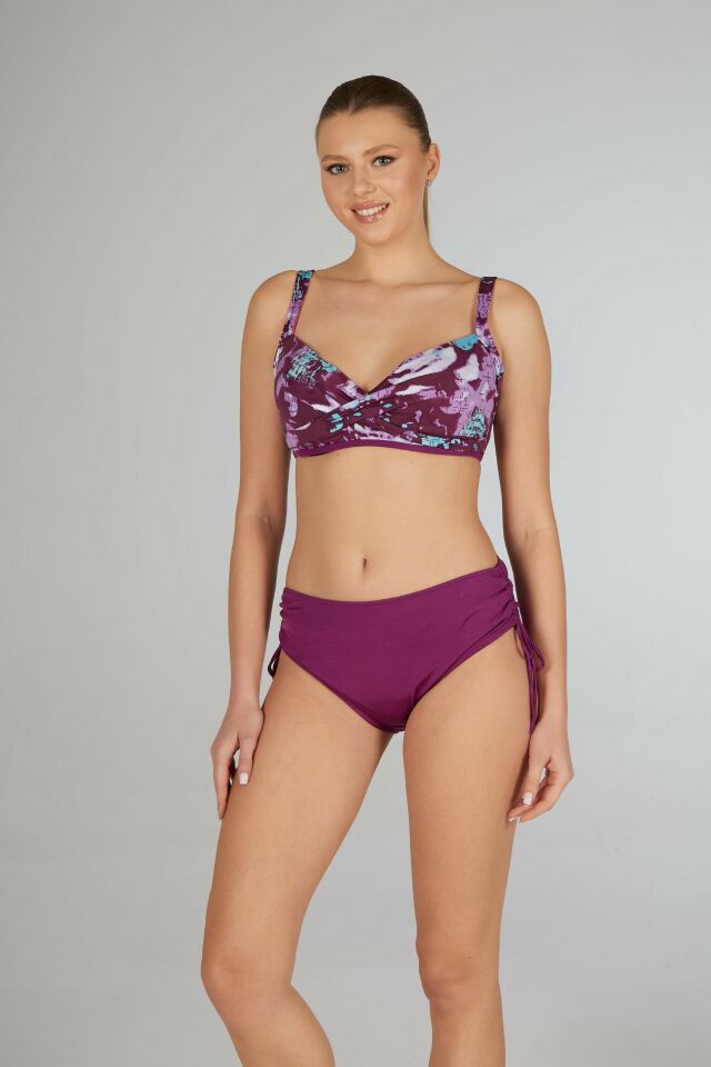 Estiva Kadın Dijital Desenli Mürdüm Emprime Kaplı Battal Beden Bikini Takımı
