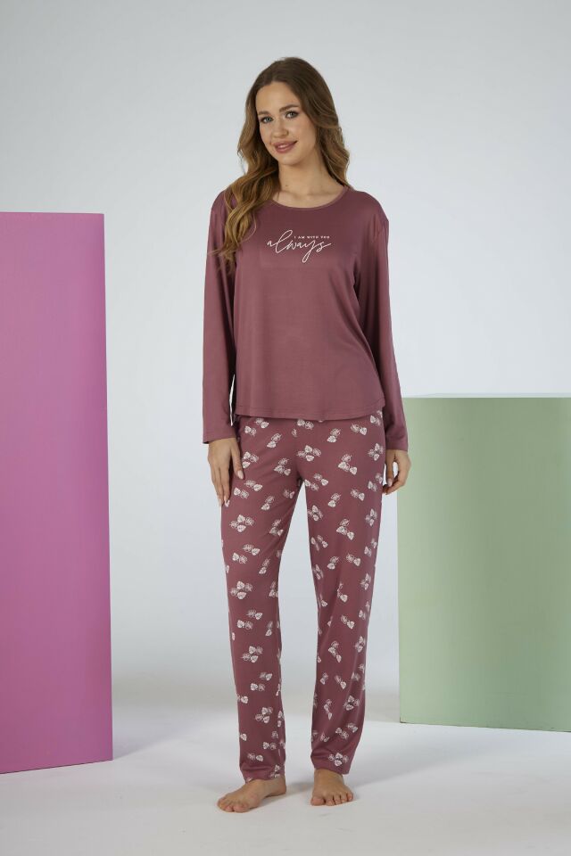 Estiva Kadın Yaprak Alt Desenli Soft Uzun Kollu Pijama Takımı M - Pudra