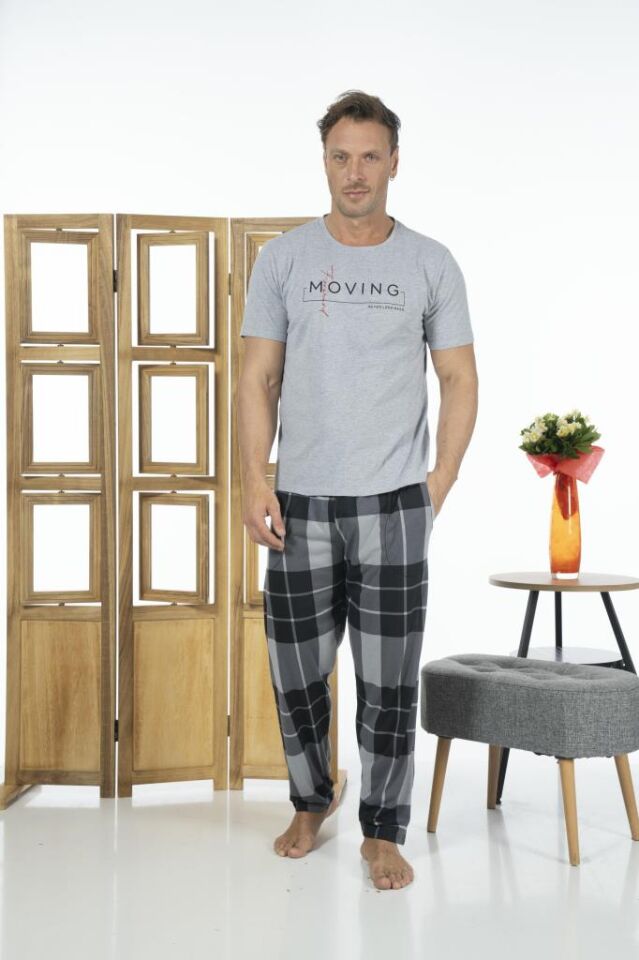Estiva Erkek Uzun Kollu Kareli Yazlık Penye Pijama Takımı