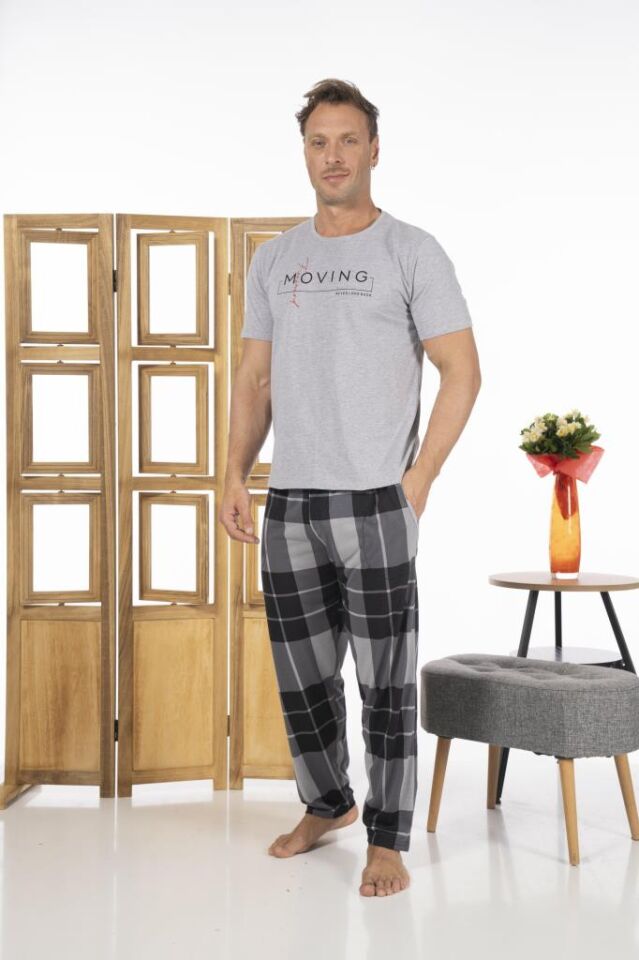 Estiva Erkek Uzun Kollu Kareli Yazlık Penye Pijama Takımı