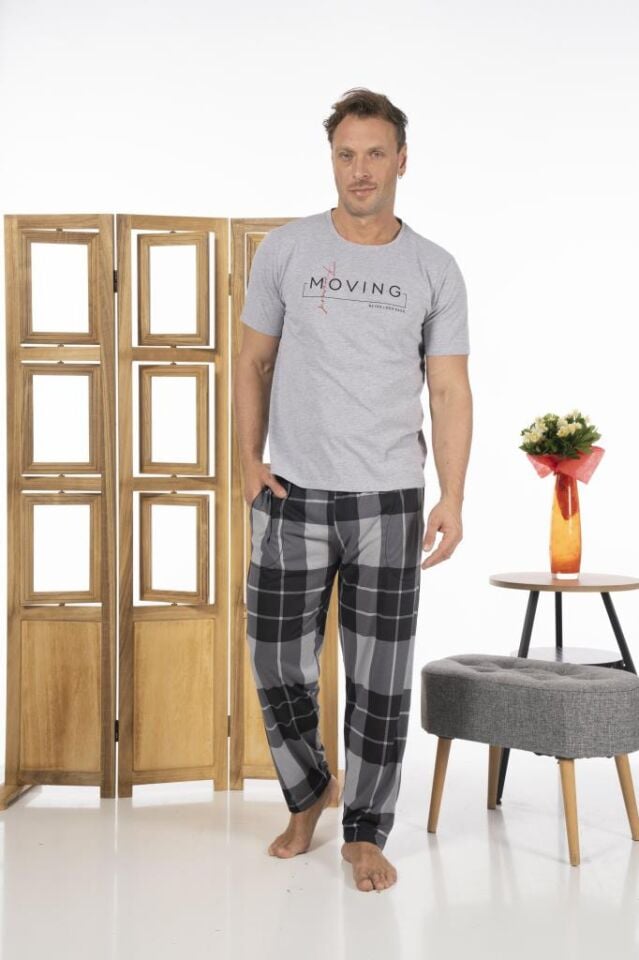 Estiva Erkek Uzun Kollu Kareli Yazlık Penye Pijama Takımı