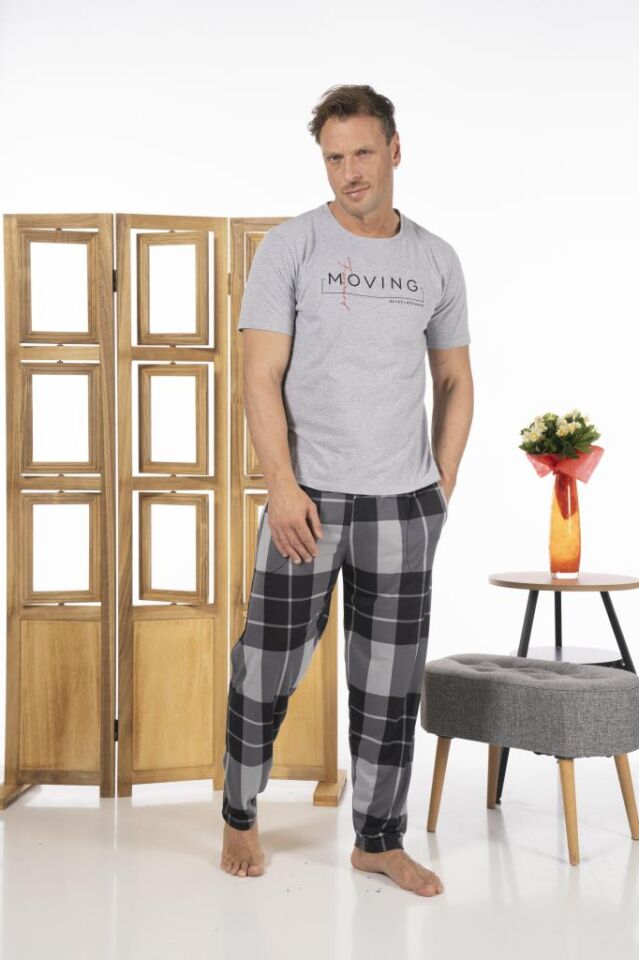 Estiva Erkek Uzun Kollu Kareli Yazlık Penye Pijama Takımı