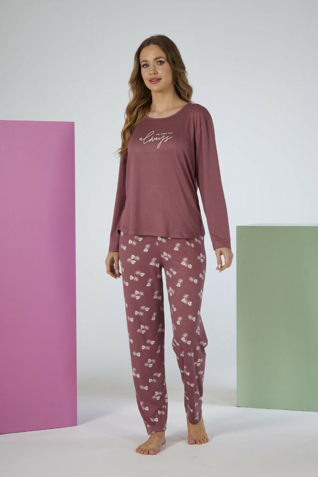 Estiva Kadın Yaprak Alt Desenli Soft Uzun Kollu Pijama Takımı L - Pudra