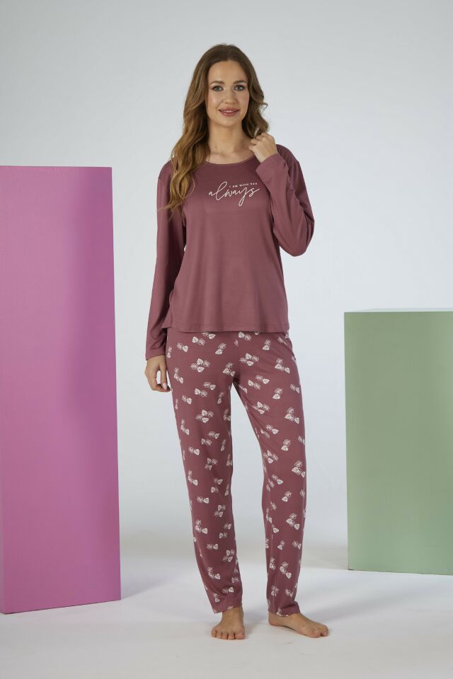 Estiva Kadın Yaprak Alt Desenli Soft Uzun Kollu Pijama Takımı L - Pudra