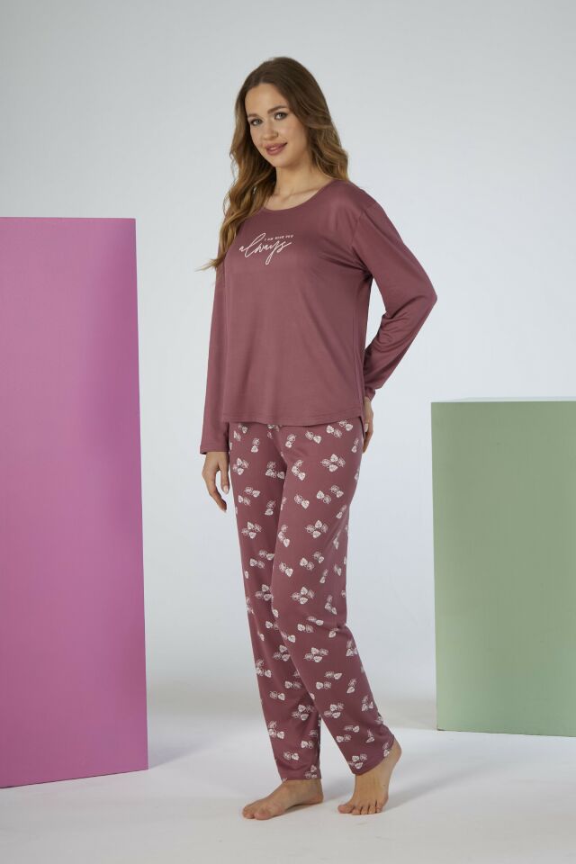 Estiva Kadın Yaprak Alt Desenli Soft Uzun Kollu Pijama Takımı L - Pudra