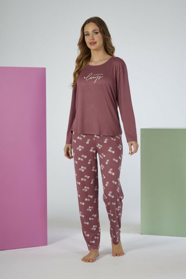 Estiva Kadın Yaprak Alt Desenli Soft Uzun Kollu Pijama Takımı L - Pudra
