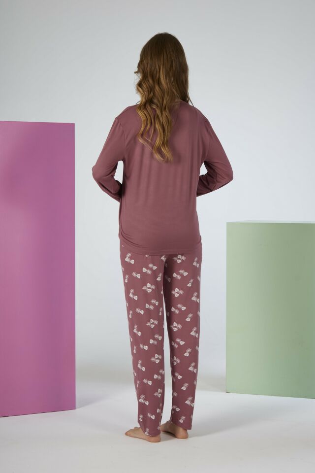 Estiva Kadın Yaprak Alt Desenli Soft Uzun Kollu Pijama Takımı L - Pudra