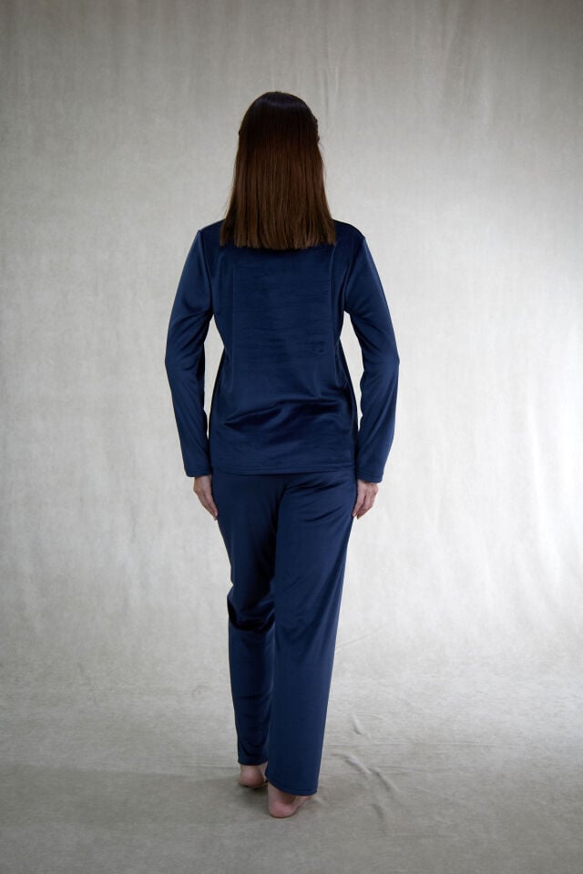 Estiva Kadın Önden Düğmeli Kadife Pijama Takımı Lacivert - XL