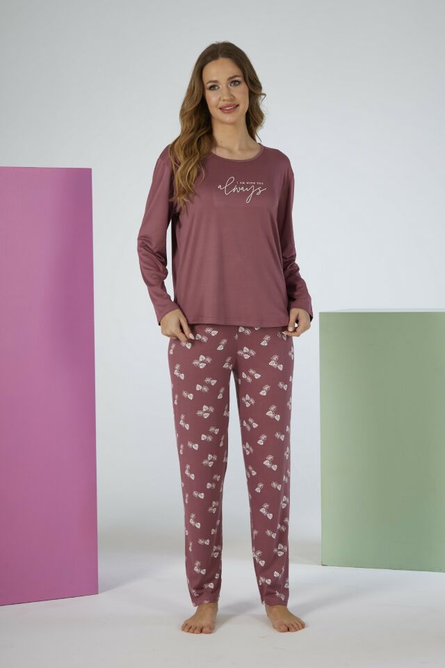 Estiva Kadın Yaprak Alt Desenli Soft Uzun Kollu Pijama Takımı XL - Pudra