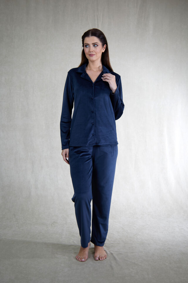 Estiva Kadın Önden Düğmeli Kadife Pijama Takımı Lacivert - 2XL