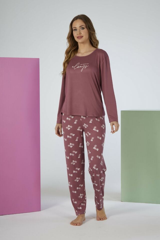 Estiva Kadın Yaprak Alt Desenli Soft Uzun Kollu Pijama Takımı 2XL - PUDRA
