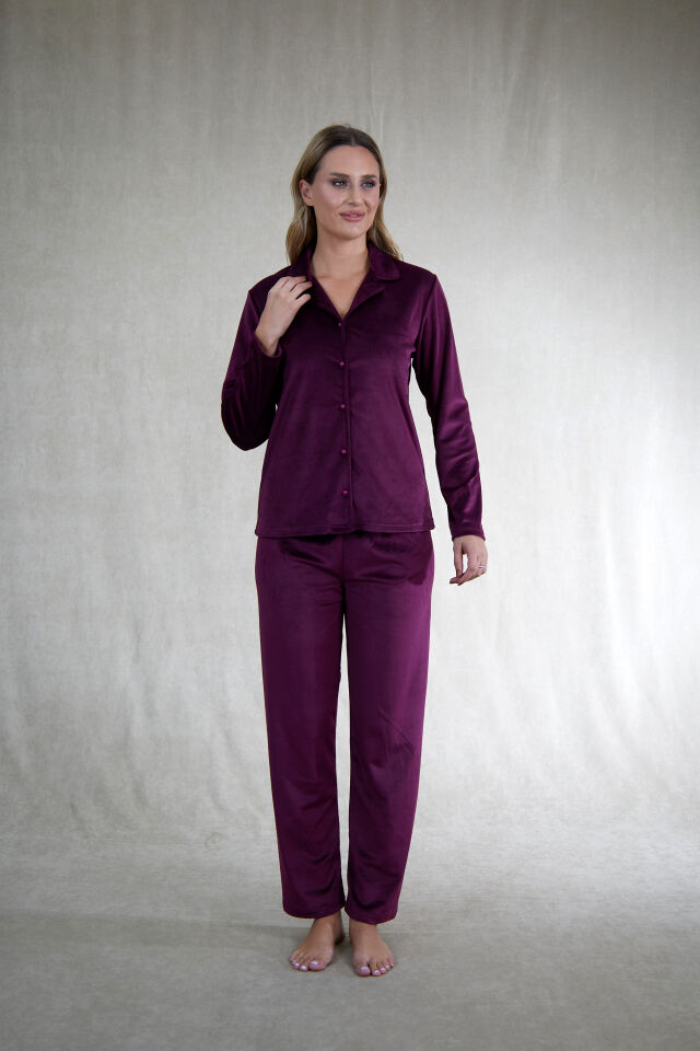 Estiva Kadın Önden Düğmeli Kadife Pijama Takımı M - Mürdüm