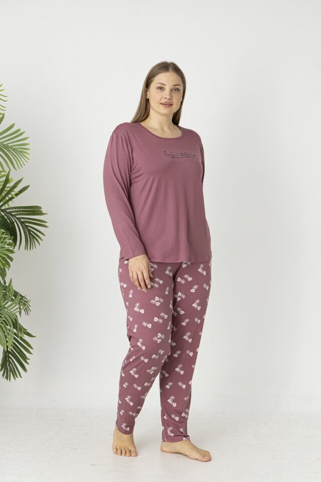 Estiva Kadın Yaprak Alt Desenli Soft Uzun Kollu Battal Pijama Takımı