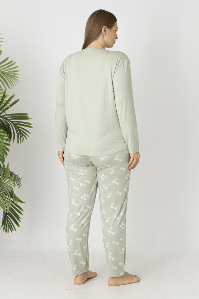 Estiva Kadın Yaprak Alt Desenli Soft Uzun Kollu Battal Pijama Takımı 3XL - Yeşil
