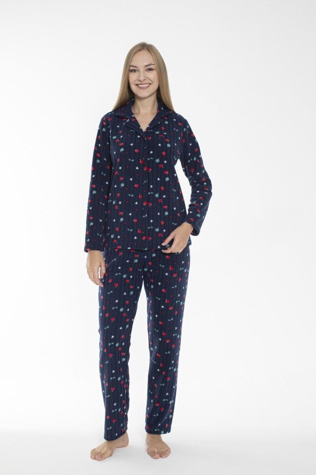 Kadın Kışlık Meyve Desenli Önden Düğmeli Fitilli Polar Pijama Takımı Lacivert