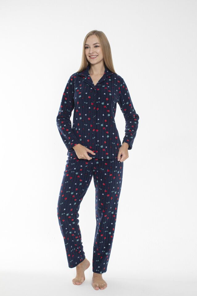 Kadın Kışlık Meyve Desenli Önden Düğmeli Fitilli Polar Pijama Takımı Lacivert
