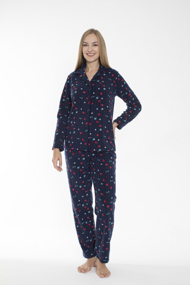 Kadın Kışlık Meyve Desenli Önden Düğmeli Fitilli Polar Pijama Takımı Lacivert