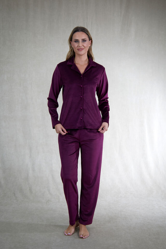 Estiva Kadın Önden Düğmeli Kadife Pijama Takımı XL - Mürdüm