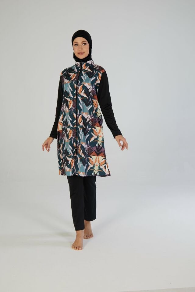 Estiva Kadın Tam Kapalı Fermuarlı Çizgi Desenli Tesettür Mayo Siyah