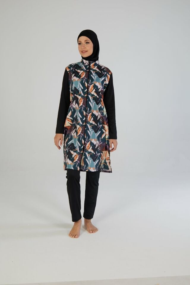 Estiva Kadın Tam Kapalı Fermuarlı Çizgi Desenli Tesettür Mayo Siyah