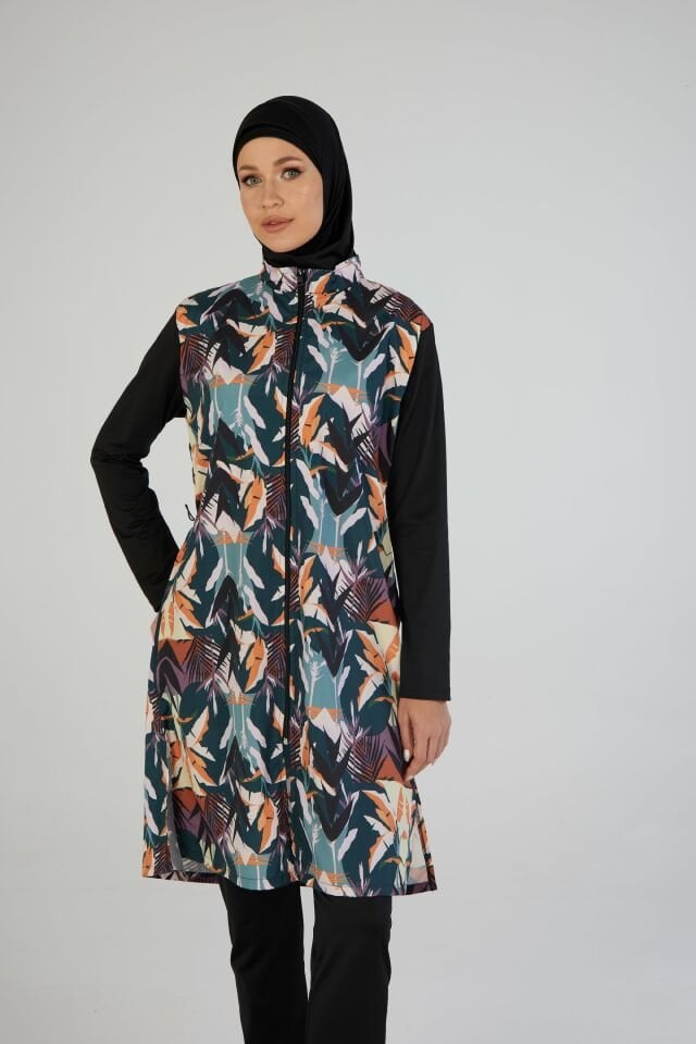 Estiva Kadın Tam Kapalı Fermuarlı Çizgi Desenli Tesettür Mayo Siyah