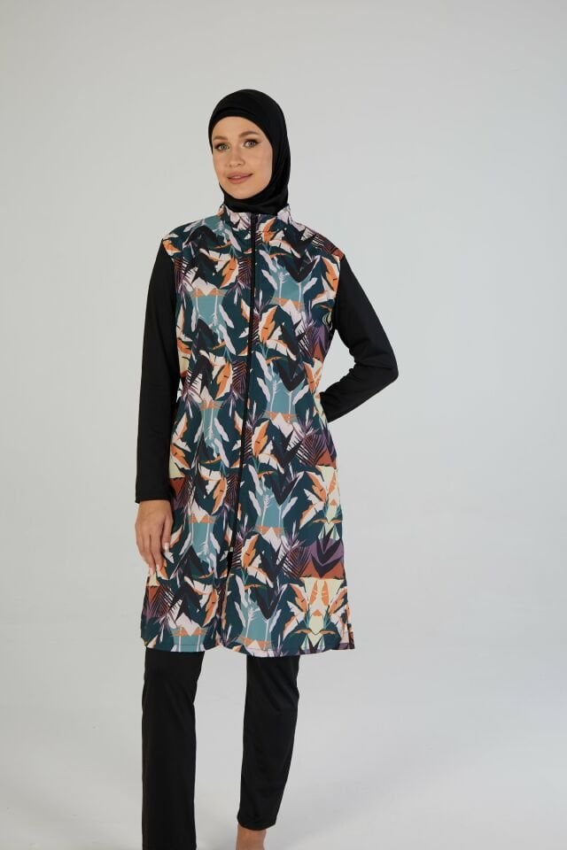 Estiva Kadın Tam Kapalı Fermuarlı Çizgi Desenli Tesettür Mayo Siyah