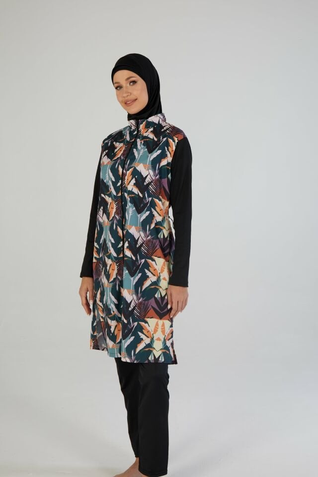 Estiva Kadın Tam Kapalı Fermuarlı Çizgi Desenli Tesettür Mayo Siyah