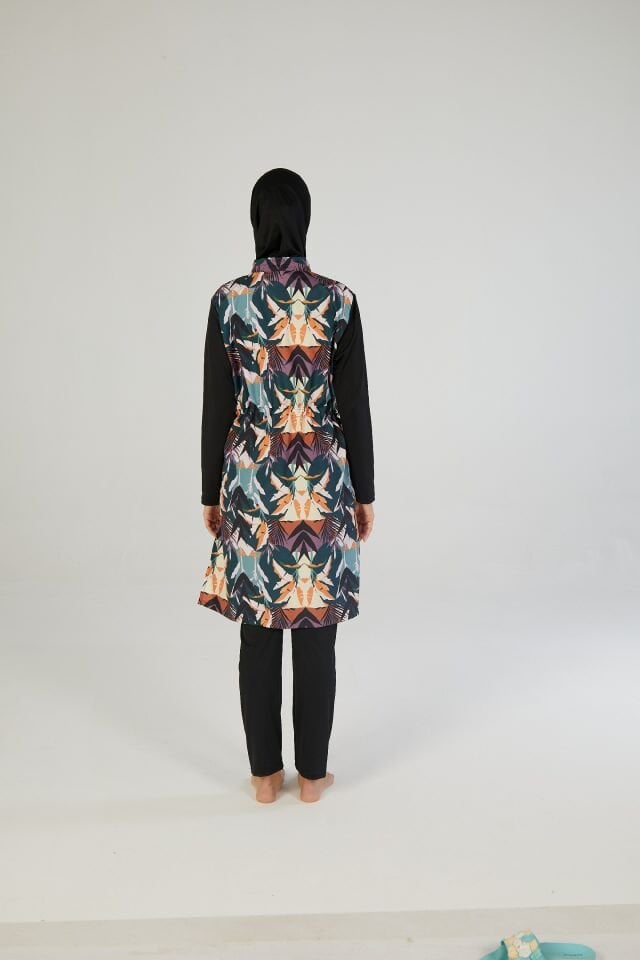 Estiva Kadın Tam Kapalı Fermuarlı Çizgi Desenli Tesettür Mayo Siyah