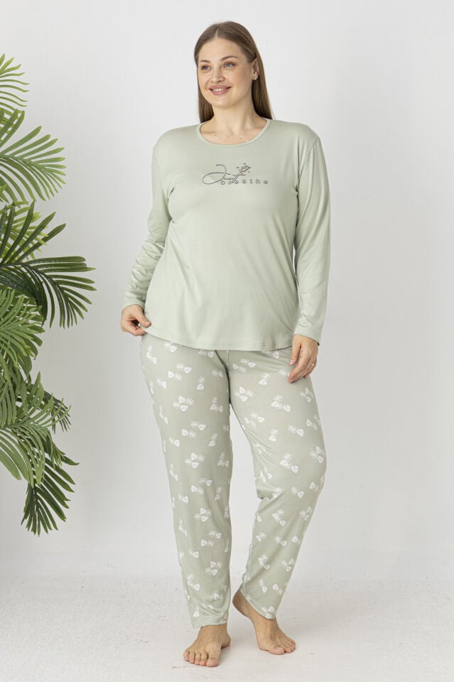 Estiva Kadın Yaprak Alt Desenli Soft Uzun Kollu Battal Pijama Takımı 4XL - Yeşil