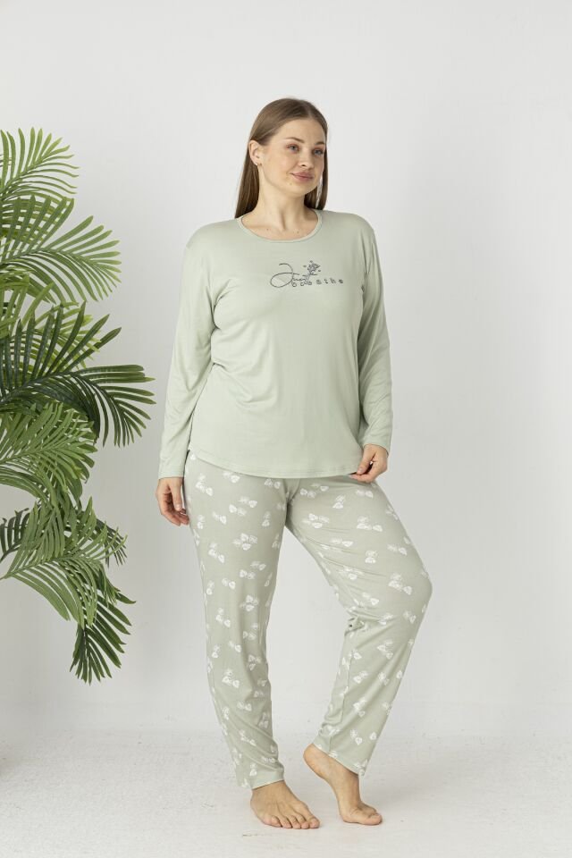 Estiva Kadın Yaprak Alt Desenli Soft Uzun Kollu Battal Pijama Takımı 4XL - Yeşil