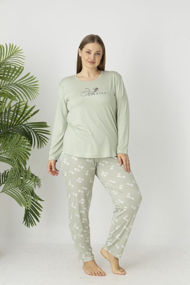 Estiva Kadın Yaprak Alt Desenli Soft Uzun Kollu Battal Pijama Takımı 4XL - Yeşil