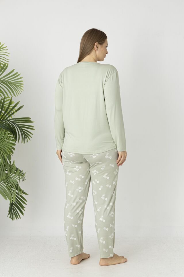 Estiva Kadın Yaprak Alt Desenli Soft Uzun Kollu Battal Pijama Takımı 4XL - Yeşil
