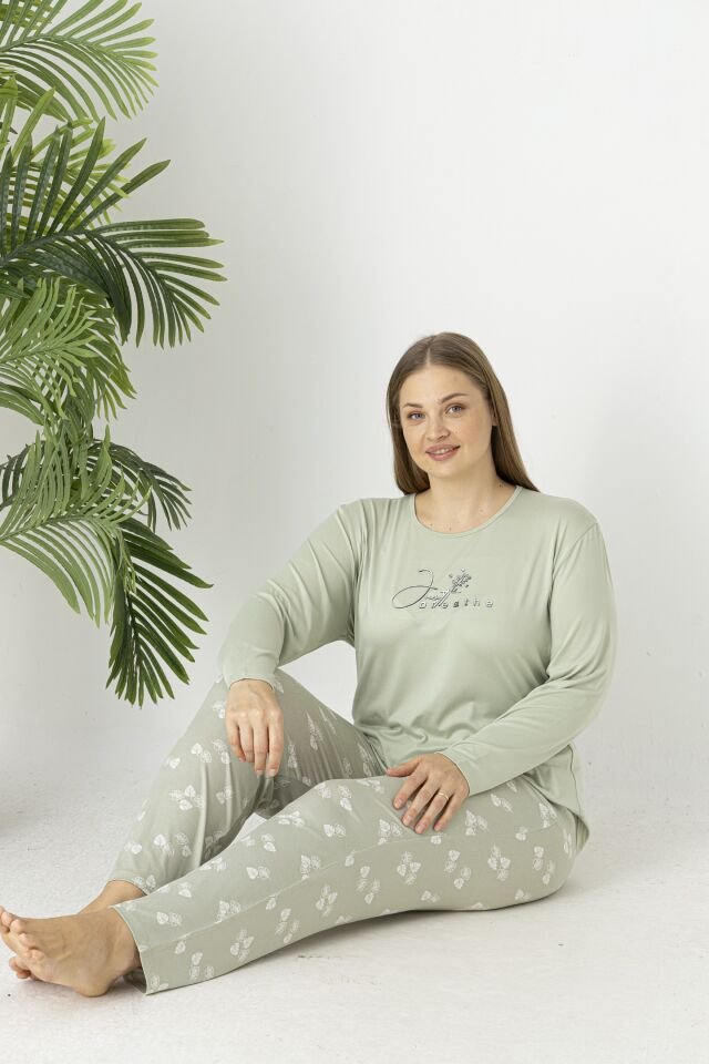 Estiva Kadın Yaprak Alt Desenli Soft Uzun Kollu Battal Pijama Takımı 4XL - Yeşil
