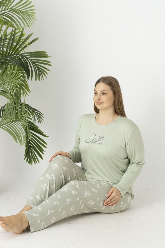 Estiva Kadın Yaprak Alt Desenli Soft Uzun Kollu Battal Pijama Takımı 4XL - Yeşil
