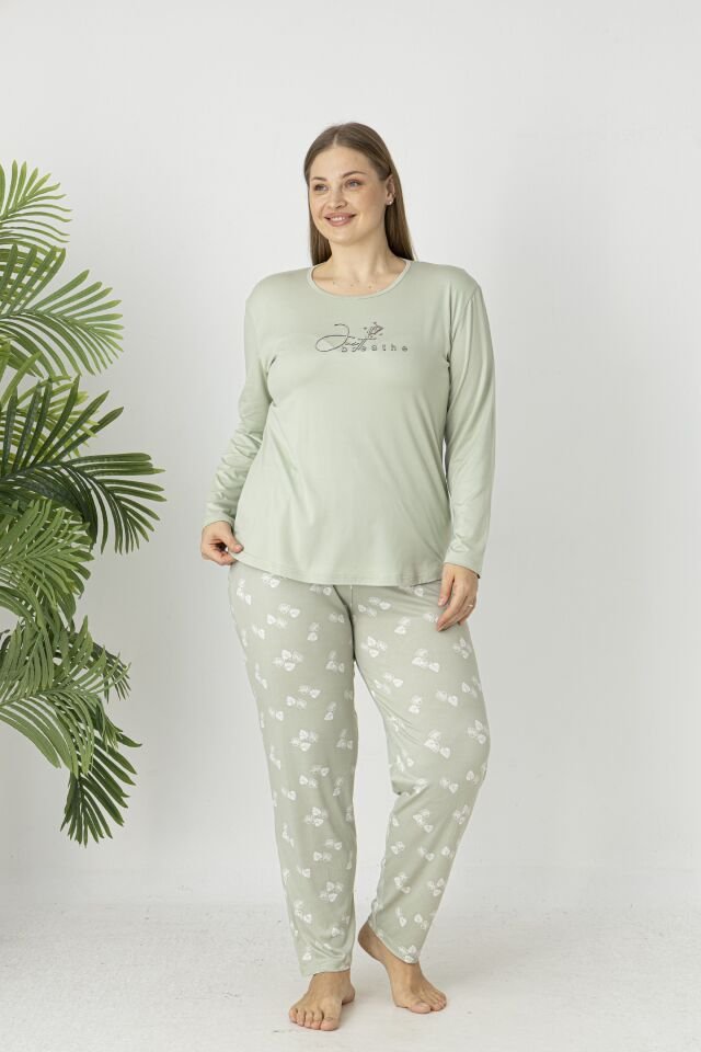 Estiva Kadın Yaprak Alt Desenli Soft Uzun Kollu Battal Pijama Takımı 5XL - Yeşil
